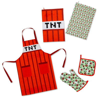 Ensemble de cuisine Minecraft Red Tnt | Tablier, gant de cuisine, torchons, support à casserole