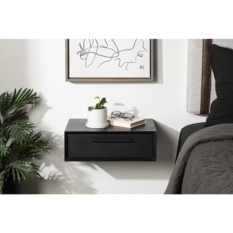 Lauklyn  Decorative Transitional Floating Bedroom Nightstand With A Concealed Cubby Compartment, Black, 18 X 12 X 6 Floating Wood Storage Shelf