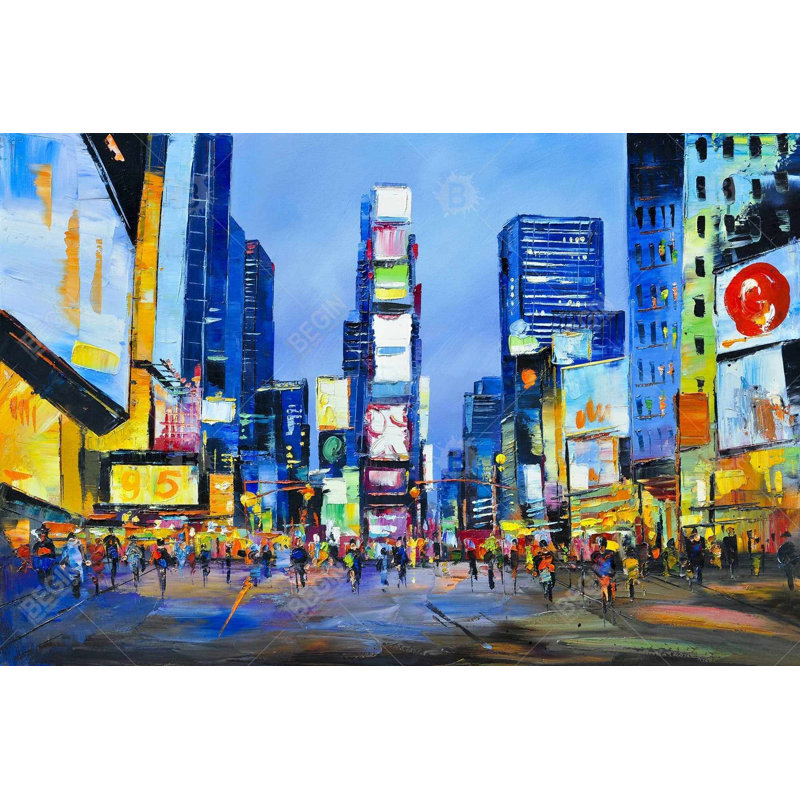 Cityscape in Times Square - Toile encadrée bleue avec salon