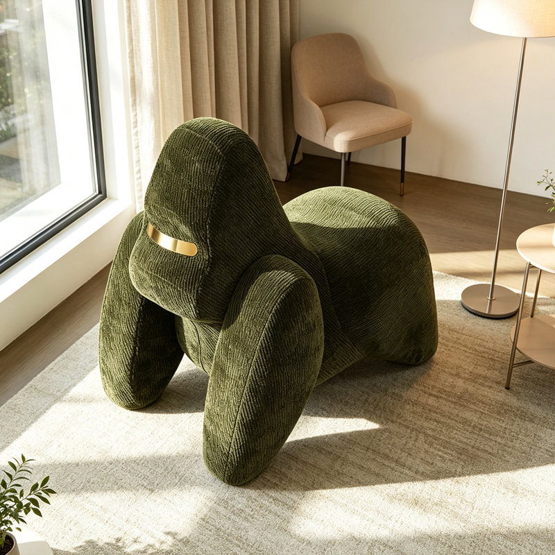 Fauteuil lounge en tissu vert créatif en forme de gorille, hauteur 78 cm (30,71 po).