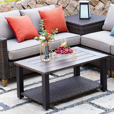 Umeh Melbourne Outdoor Patio Coffee Table with Wicker Storage Shelf