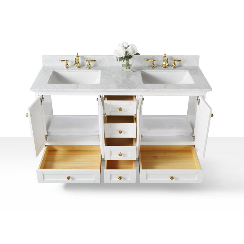 Ensemble de meuble-lavabo double 60 po Varna, Blanc/or brossé, Marbre blanc de Carrare
