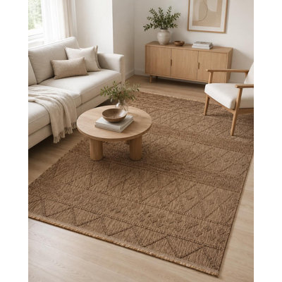 Brown repeating geometric machine-woven polypropylene runner rug
