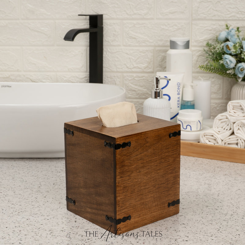 Rustic Burnt Mango Wood Square Tissue Holder – Handmade Farmhouse Tissue Box Covers, Brown