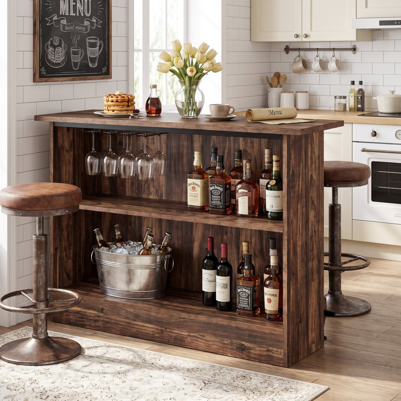 Home Bar Unit With 2-tier Shelves, Dark Brown
