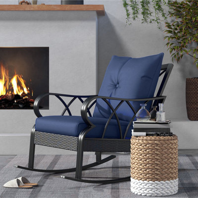 Outdoor Wicker Rocking Chair with Padded Cushions, Aluminum Furniture Rattan Porch Rocker Chair w/ Armrest for Garden, Patio, and Backyard