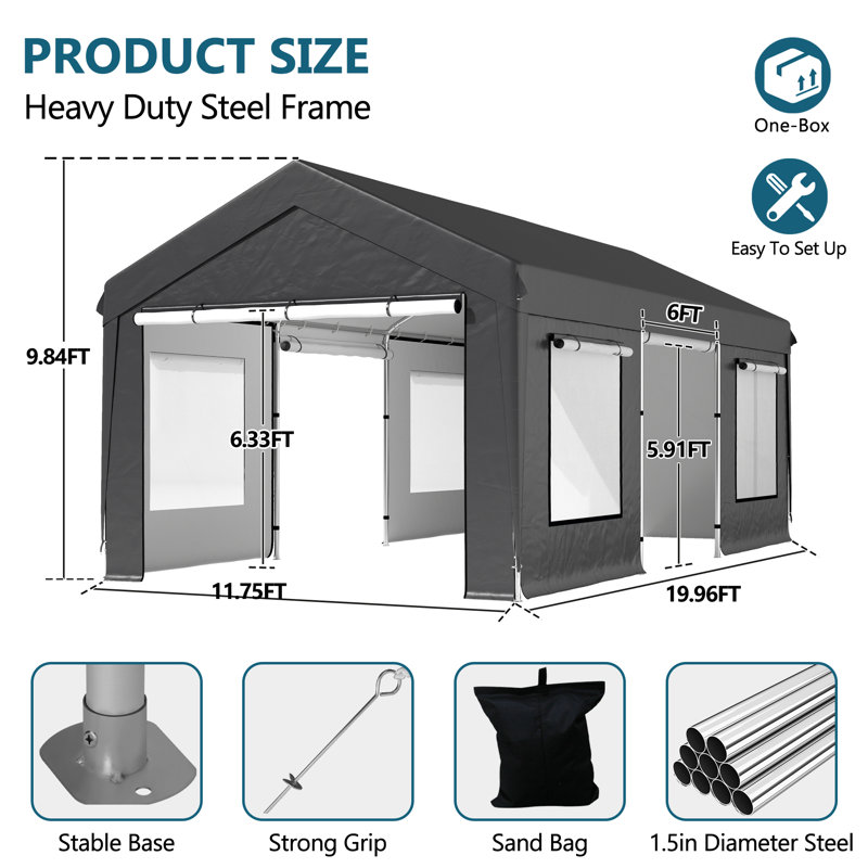 12Ft. W x 20 Ft. D Outdoor Heavy Duty Garage - Large Carport with Breathable Windows