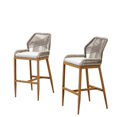 Purple Leaf Patio Upcycled Fabric Bar Stools 28" H Set Of 2 Handwoven Wicker Bar Height Stool Modern Aluminum High Bar Chairs Outdoor Wicker Barstools With Back And Cushion For Kitchen Pool Island