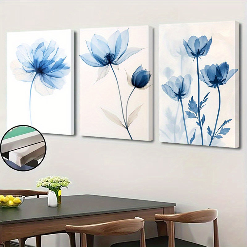 Impression sur toile abstraite à motif de fleurs transparentes bleu clair 3 pièces pour Cozy Home, 16 * 12 pouces 3 pièces