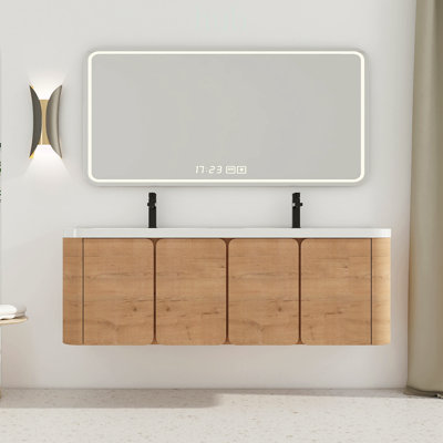 Meuble-lavabo mural de 60 pouces avec lavabo en résine et 4 portes à fermeture en douceur, design écologique et élégant pour salles de bains modernes