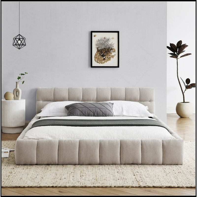 Grand cadre de lit tapissier grand avec tissu épais, lit plateforme grand format en chenille avec tête de lit et structure solide. Aucun sommier tapissier requis