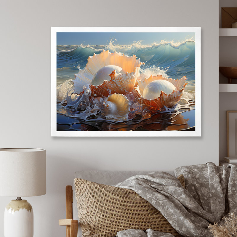 Coquillages blancs sur la plage - impression, Cadre simple blanc, H 30 po x l 40 po x P 1,5 po