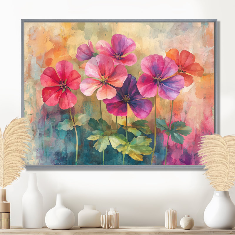 Neon Geranium Fields Pop Art II - Geraniums, art mural sur toile, Argent argent, Cadre flottant, H 24 po x l 32 po