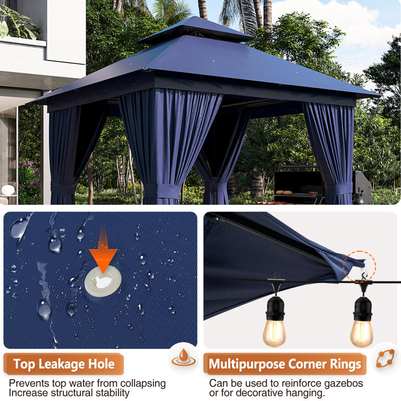 8x8 Ft Outdoor Gazebo With Double Roof, Patio Canopy With Mosquito Netting And Curtains, Suitable For Patios, Lawn And Backyard