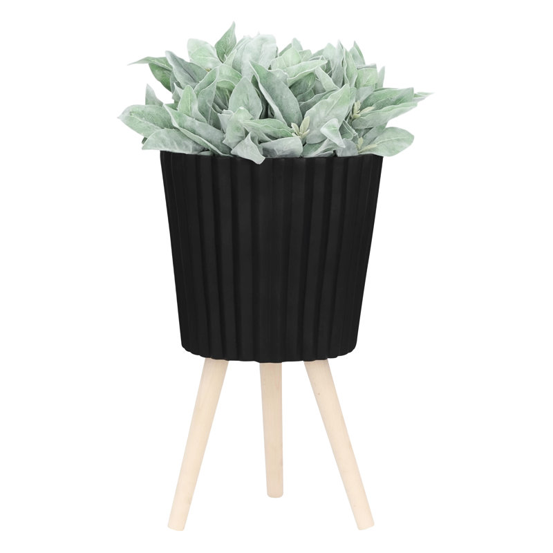 Pot à fleurs strié noir de 12 po, idéal pour les plantes grasses avec pieds en bois, convient pour une pendaison de crémaillère