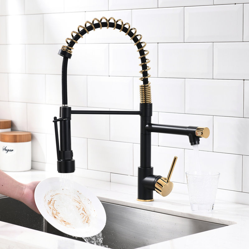 Robinet de cuisine commercial avec bec rétractable, noir et or, rotation à 360 degrés, levier simple + évier doré rotatif, poignée