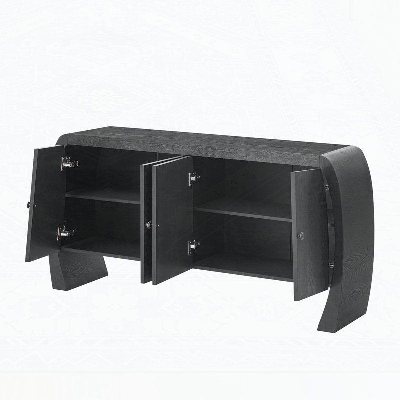 Armoire de rangement à quatre portes en placage de frêne avec pieds courbés, Noir