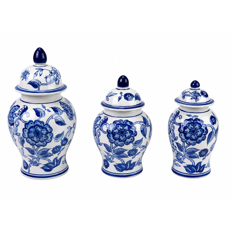 Set of 3 Blue & White Flower Food Safe Jars