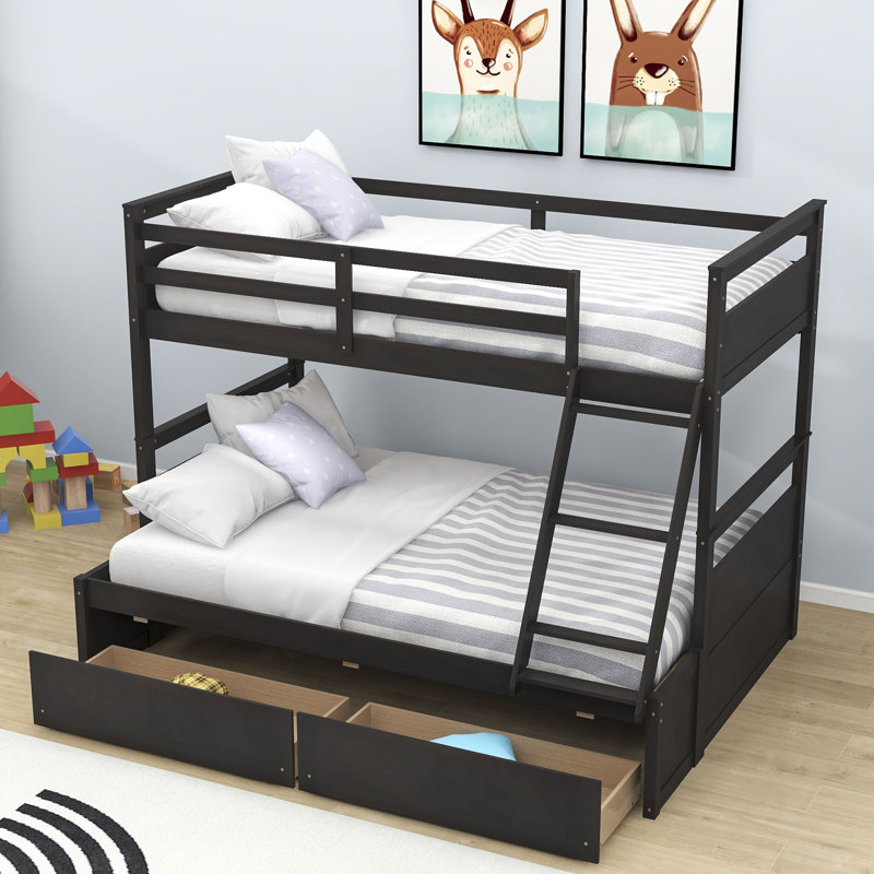 Kids Twin Over Full Bunk Bed with Drawers, Espresso