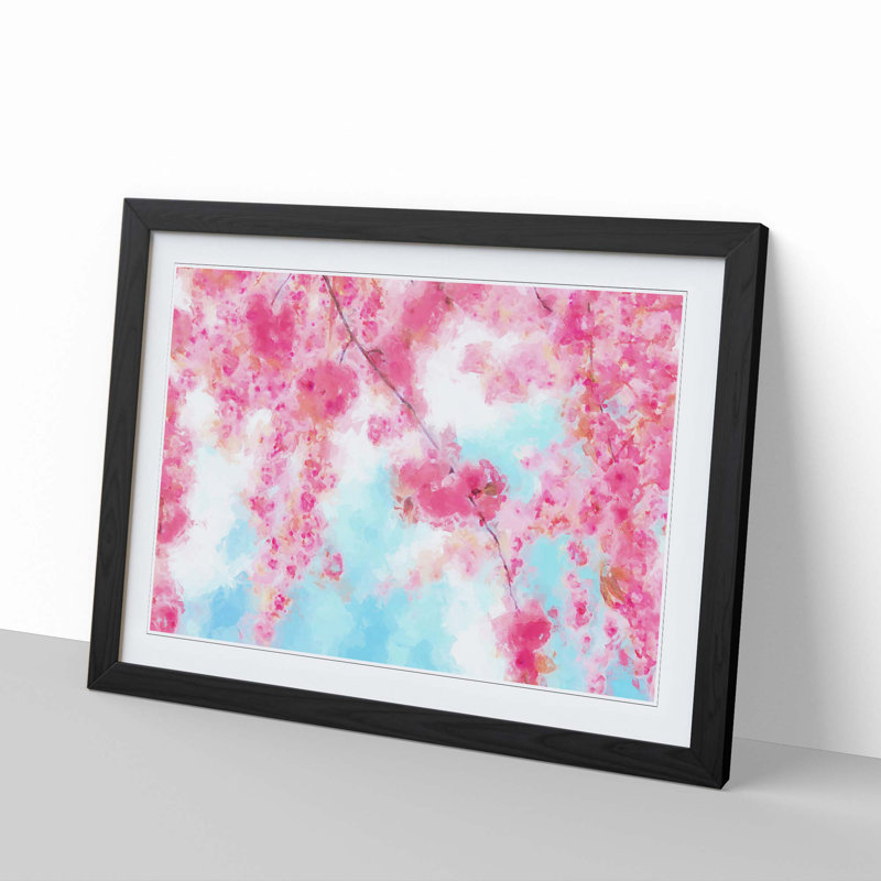 Pink Cherry Blossom Tree in Spring in Abstract - Picture Frame Painting Print on MDF, 35cm H x 50cm W x 2cm D, Black