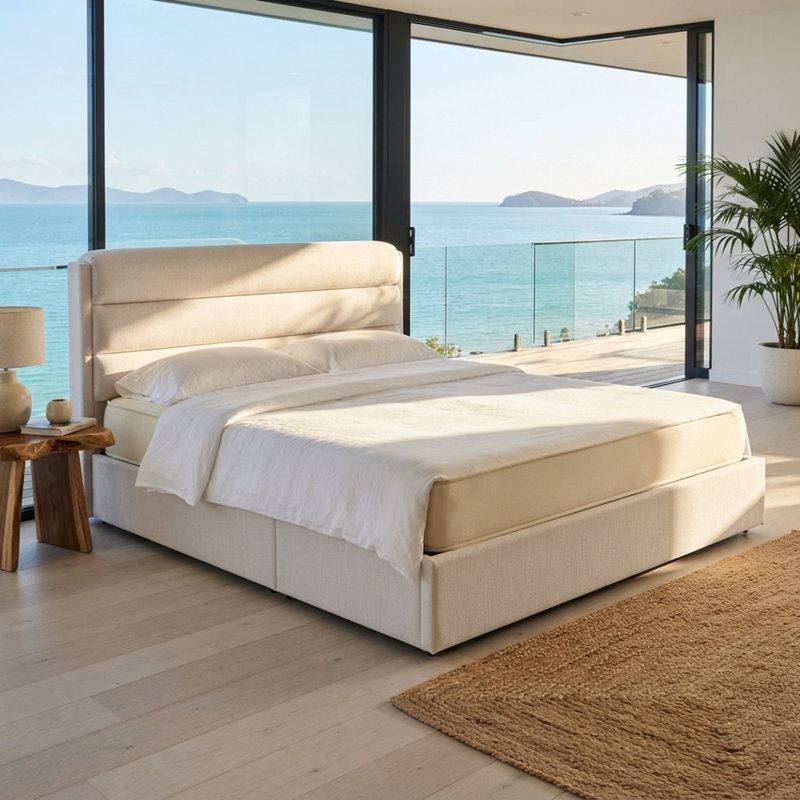 Lit plateforme tapissier avec rangement relevable, Grand, Ivoire ivoire