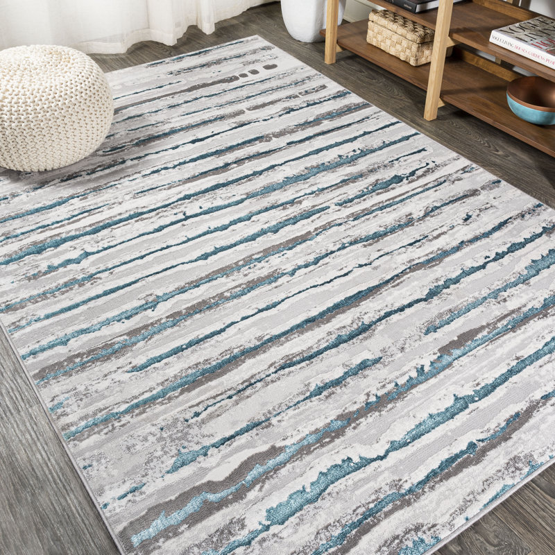 Batten Modern Stripe Gray/Turquoise Rug, Rectangle 5' x 8'