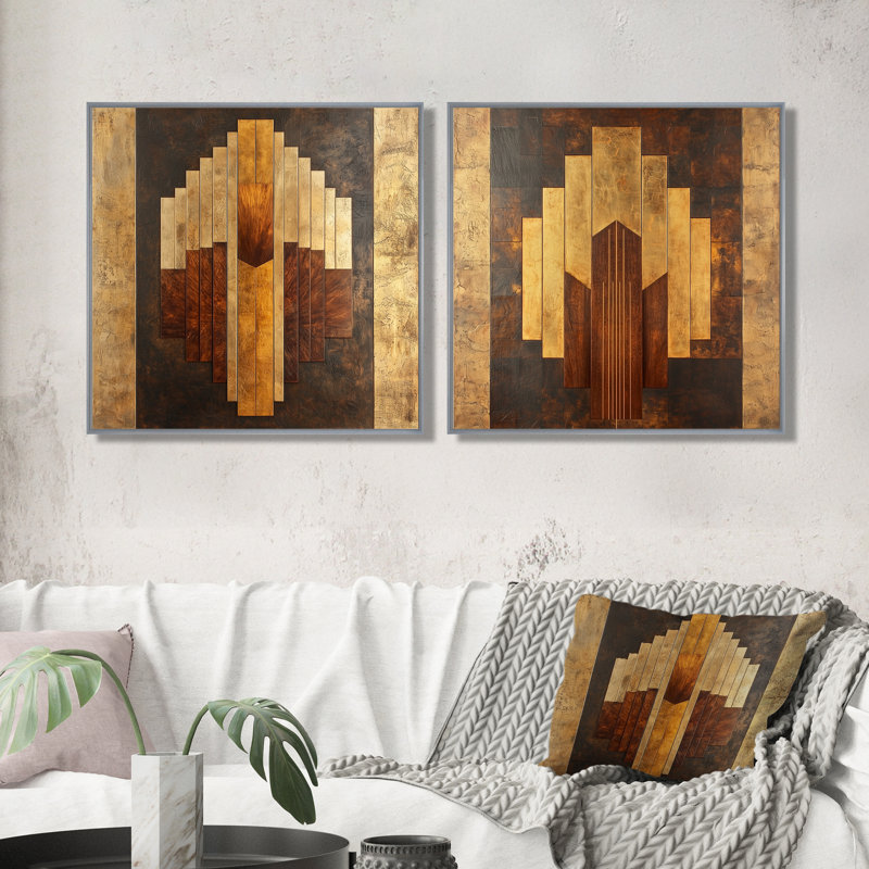 Mosaique noyer, formes essentielles V - art mural abstrait art déco - art mural moderne sur toile 2 pièces, Cadre flottant