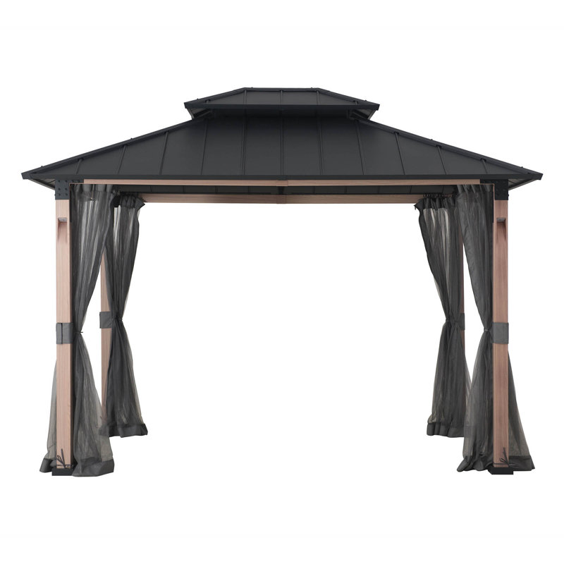 Sunjoy Hardtop Gazebo 10 x 12 ft. Outdoor Patio Gazebo with LED Lights (Batteries Operated), Remote Control and Netting
