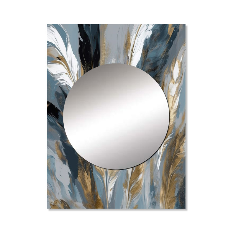 Myrth Gold And Grey Impressions Of Bohemian Energy I - Boho Feather Mirror, Traditional Unique Wall Mirror, Printed Metal Art