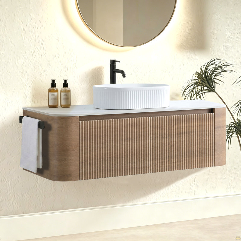 Meuble-lavabo de 48 po avec lavabo, armoire en chêne miel avec porte-serviettes gratuit, conception simple de lavabo en céramique rayée ovale, sans bonde ni robinet, pré-assemblé