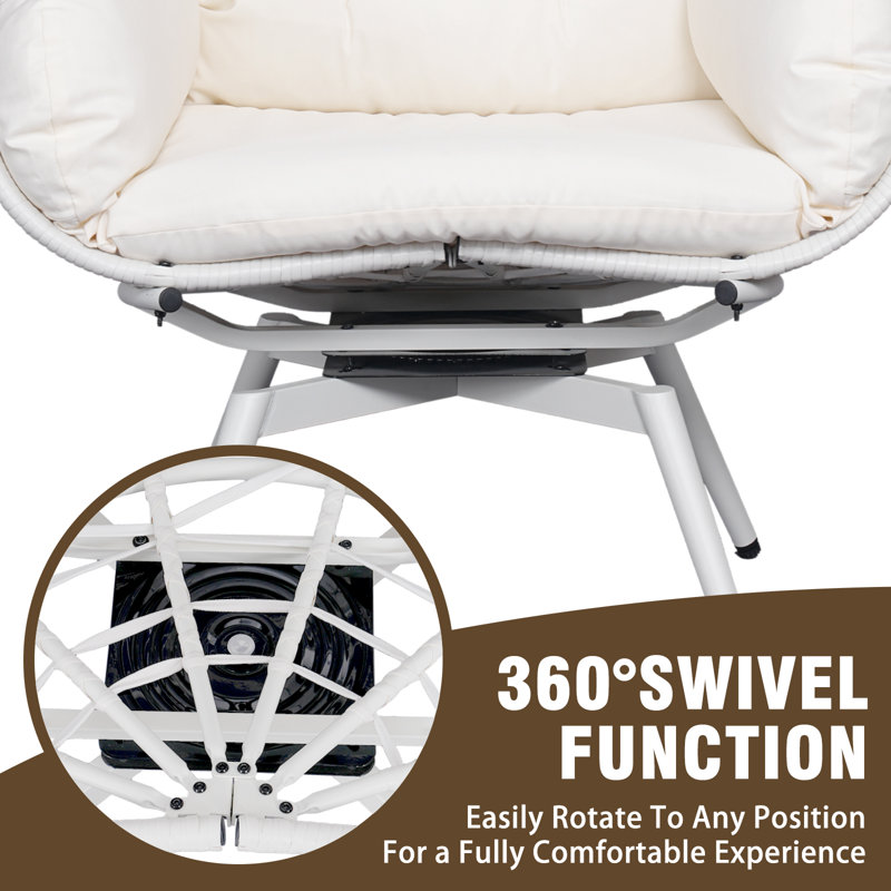 Oversized 360° Swivel Rattan Egg Chair for Adult, Indoor Outdoor Patio Large Wicker Egg Chair with Overstuffed Cushions, 500lb Weight Capacity, Natural Rattan with Cushion