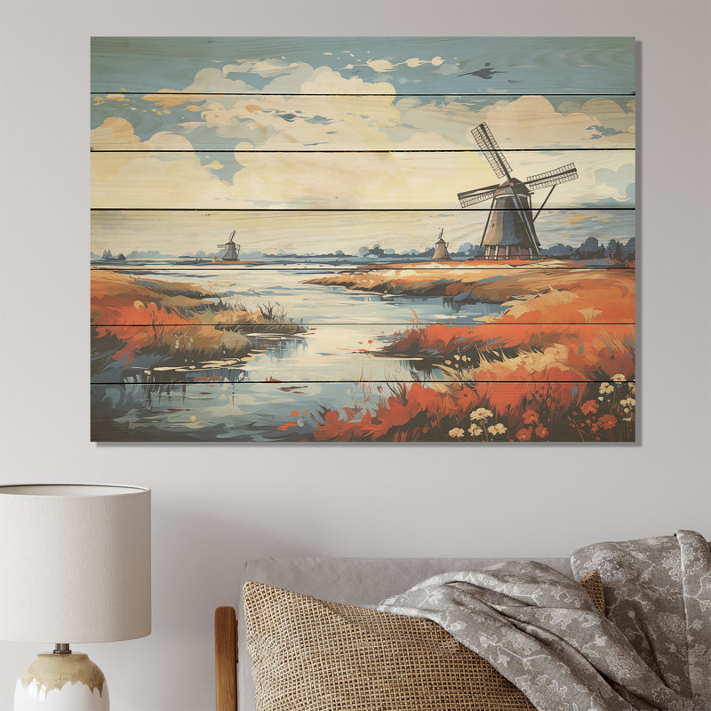 Holland Wind Turbine Meadows II - Wind Turbines On Wood Print, 24" H x 32" W x 0.78" D