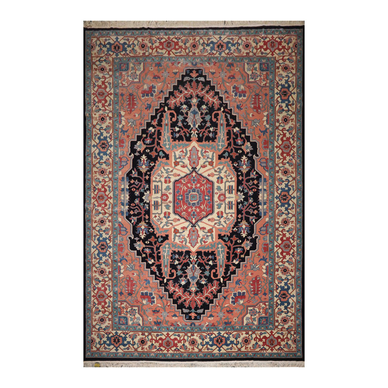 Tapis unique en laine noué à la main de 11 pi 11 po x 17 pi 8 po pêche / noir