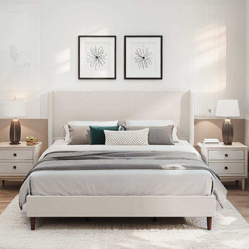 Très grande tête de lit tapissier très grand, tissu chenille beige, Beige clair, Très grand lit