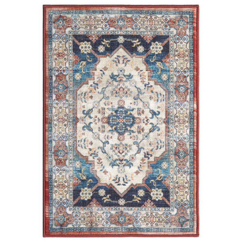 Lyanne Washable Non-Slip Medallion Ivory/Navy Area Rug, Rectangle 2'2 x 3'3"