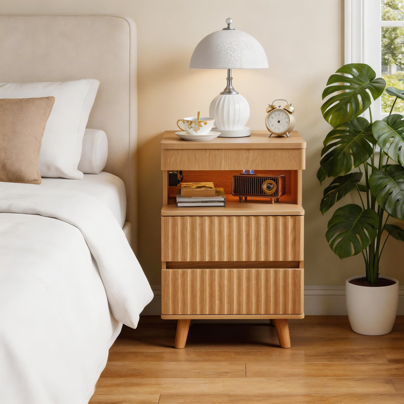 Wood Nightstand with LED Lighting, Hidden Storage Drawer and Built-In Charging Station, Natural Oak