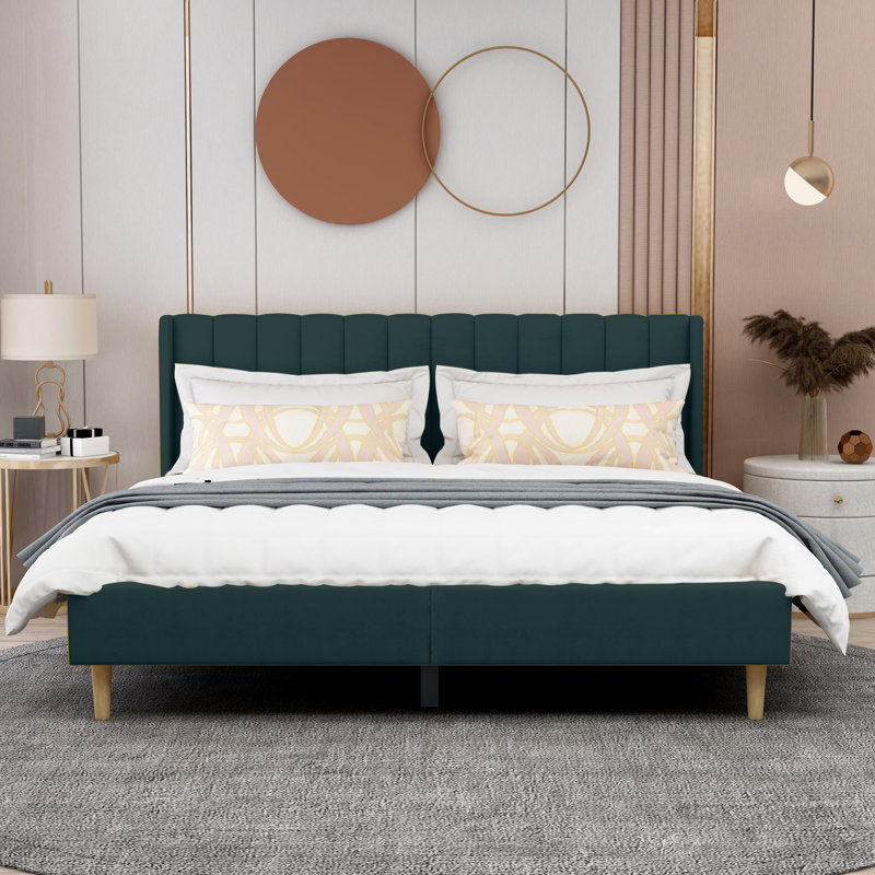 King Green Velvet Upholstered Platform Bed with Wingback Headboard