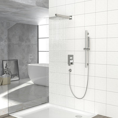 Douche en nickel brossé avec carré de 12 pouces - barre coulissante réglable, soupape équilibrée et système de fixation murale à élément mural