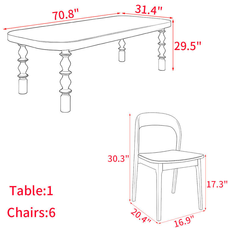 Ensemble de table de salle à manger en bois massif de style américain, H 29,5 po x L 70,8 po x l 31,4 po