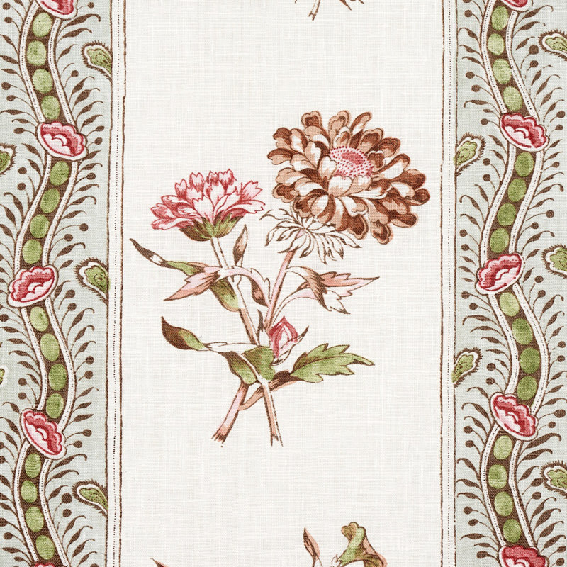 Ariana Floral Stripe Fabric, Gray/Red/Cream