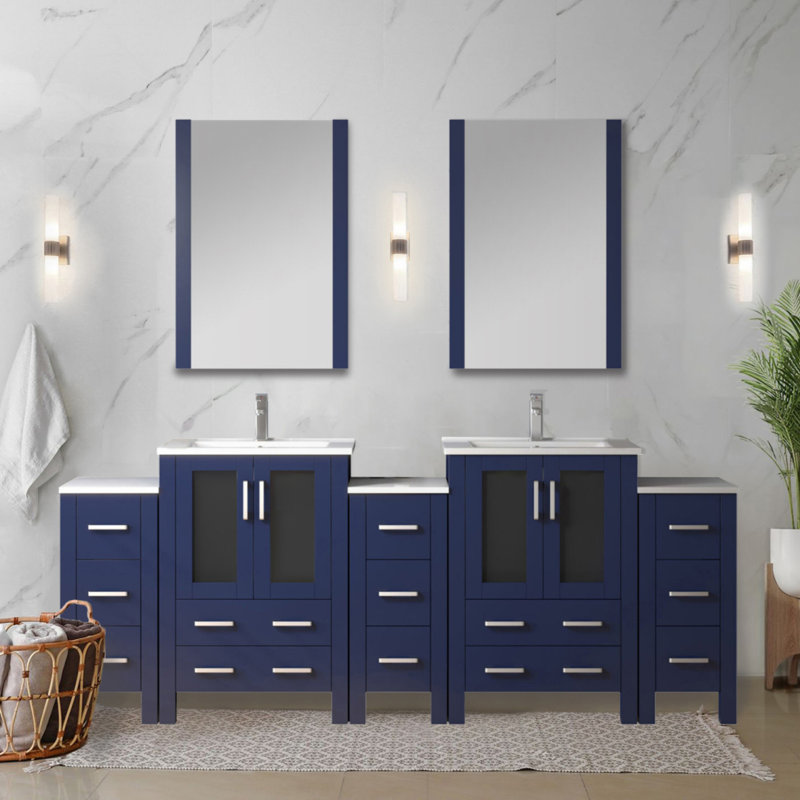 Meuble-lavabo double bleu marine 84 po X P 18,25 po D, avec armoire latérale, plateau en céramique blanche et Miroirs