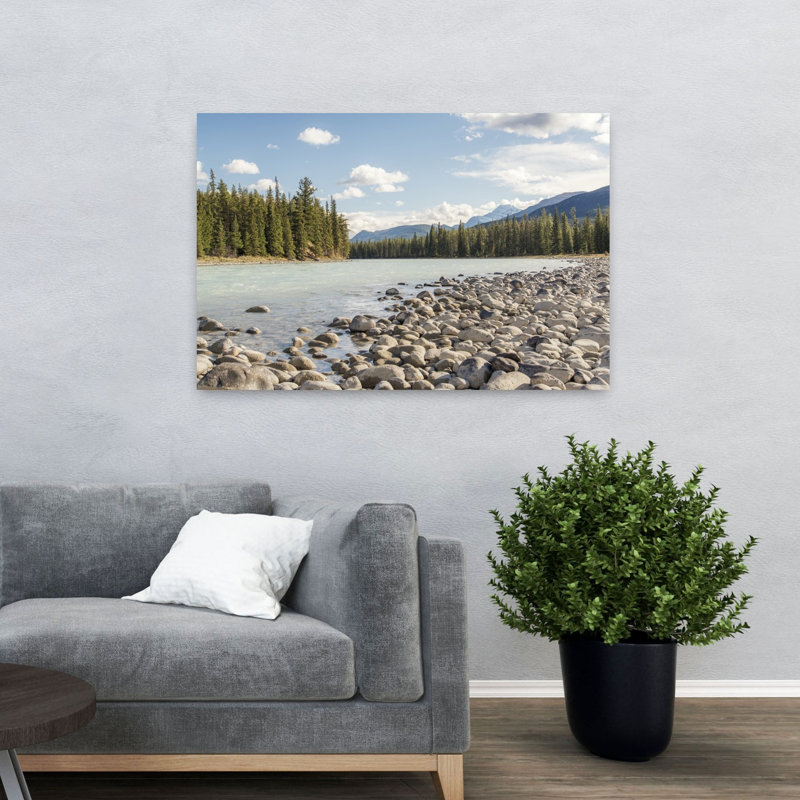 Serene Mountain River Shore Peaceful Serene Tranquil Forest Landscape Wall Art Print 1 Piece Wrapped Canvas Wall Art