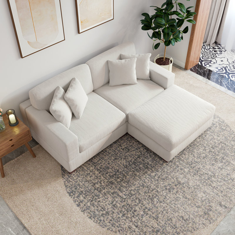 3 - Piece Upholstered Beige Corduroy Modular Sectional Sofa with Pillow Back and Removable Ottoman, Beige Corduroy