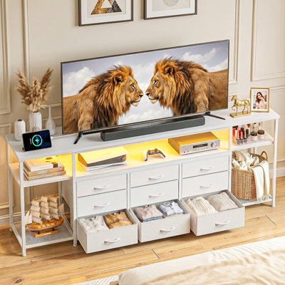 Meuble télé de 65 pouces avec éclairage DEL RVB, prises électriques, 9 tiroirs en tissu, centre multimédia de style industriel pour téléviseurs jusqu'à 65 pouces