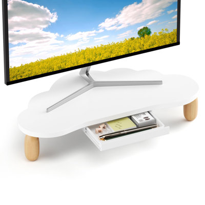 Cloud-Shaped Sturdy Wood Computer Monitor Stand Riser With Drawer, Multi-Purpose Desktop Organizer