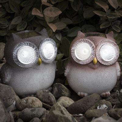 Weather- Resistant Owl Solar LED 2 Piece Light Statue Set- Decoys to Scare Birds Away