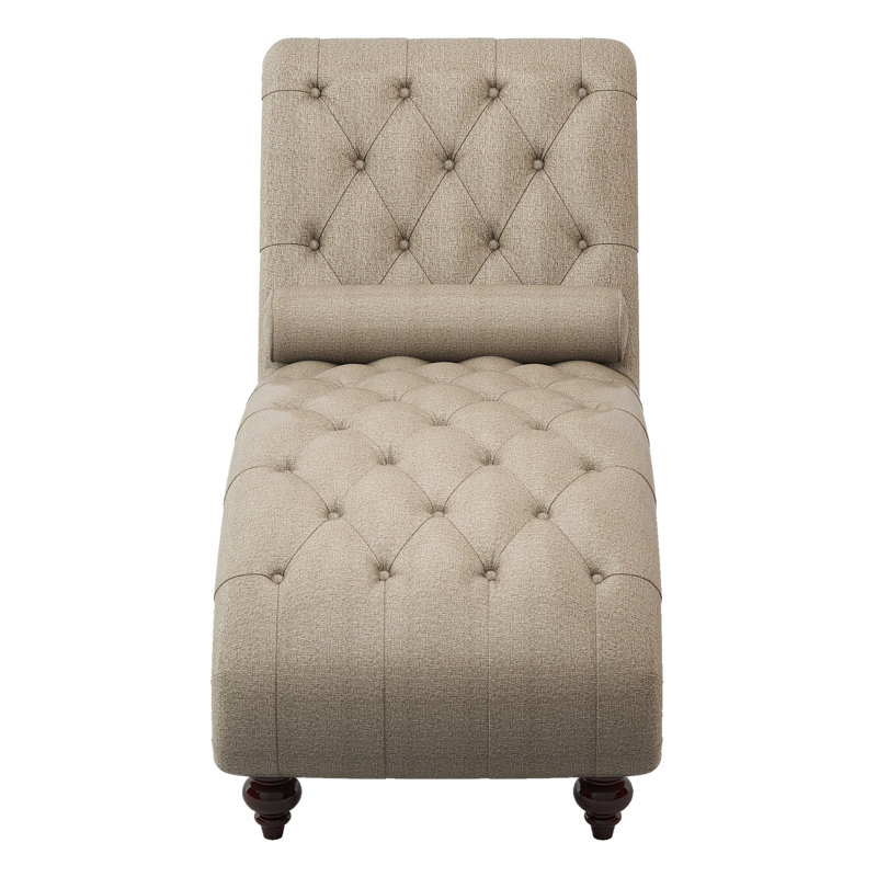 Méridienne brune à la mode avec revêtement texturé, capitonnage à boutons, garniture cloutée et cadre en contreplaqué avec base en bois massif à boutons, traversin robuste