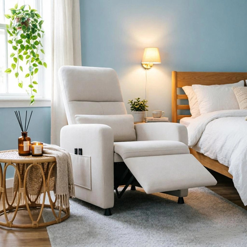 Fauteuil inclinable électrique, canapé électrique en lin avec port USB et poches latérales, blanc, White Polyester Blend