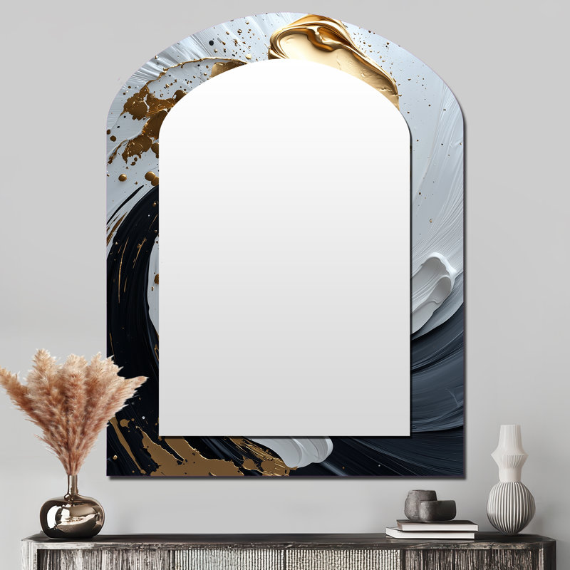 Blanc blanc, or, cosmique, tourbillon II - miroir mural en spirale abstrait, miroir décoratif asymétrique doré, impression sur métal