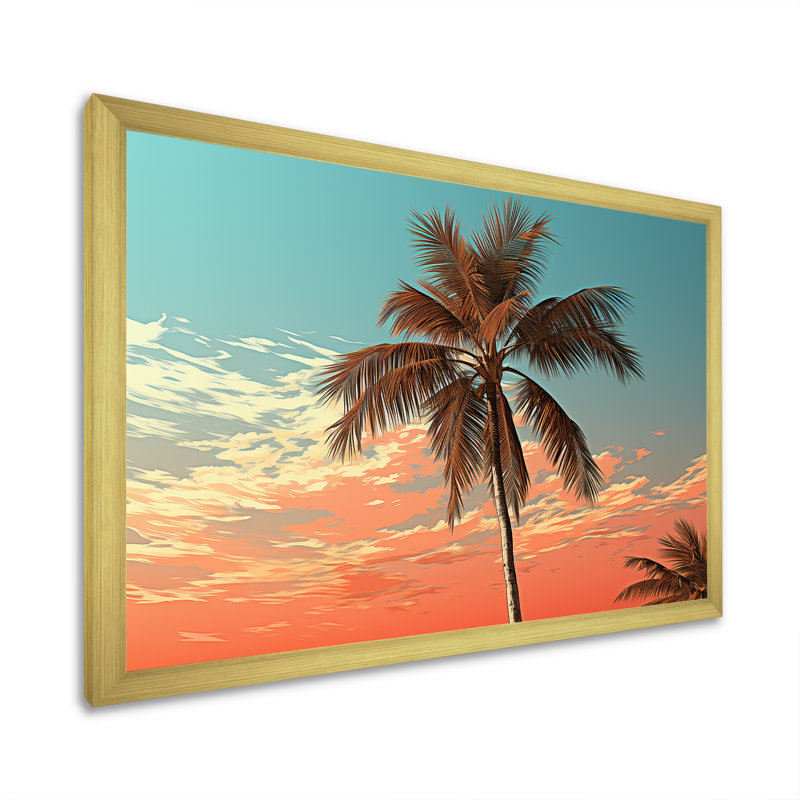 Palmier au coucher du soleil sur toile, H 12 po x l 20 po x P 1 po, Encadrement doré